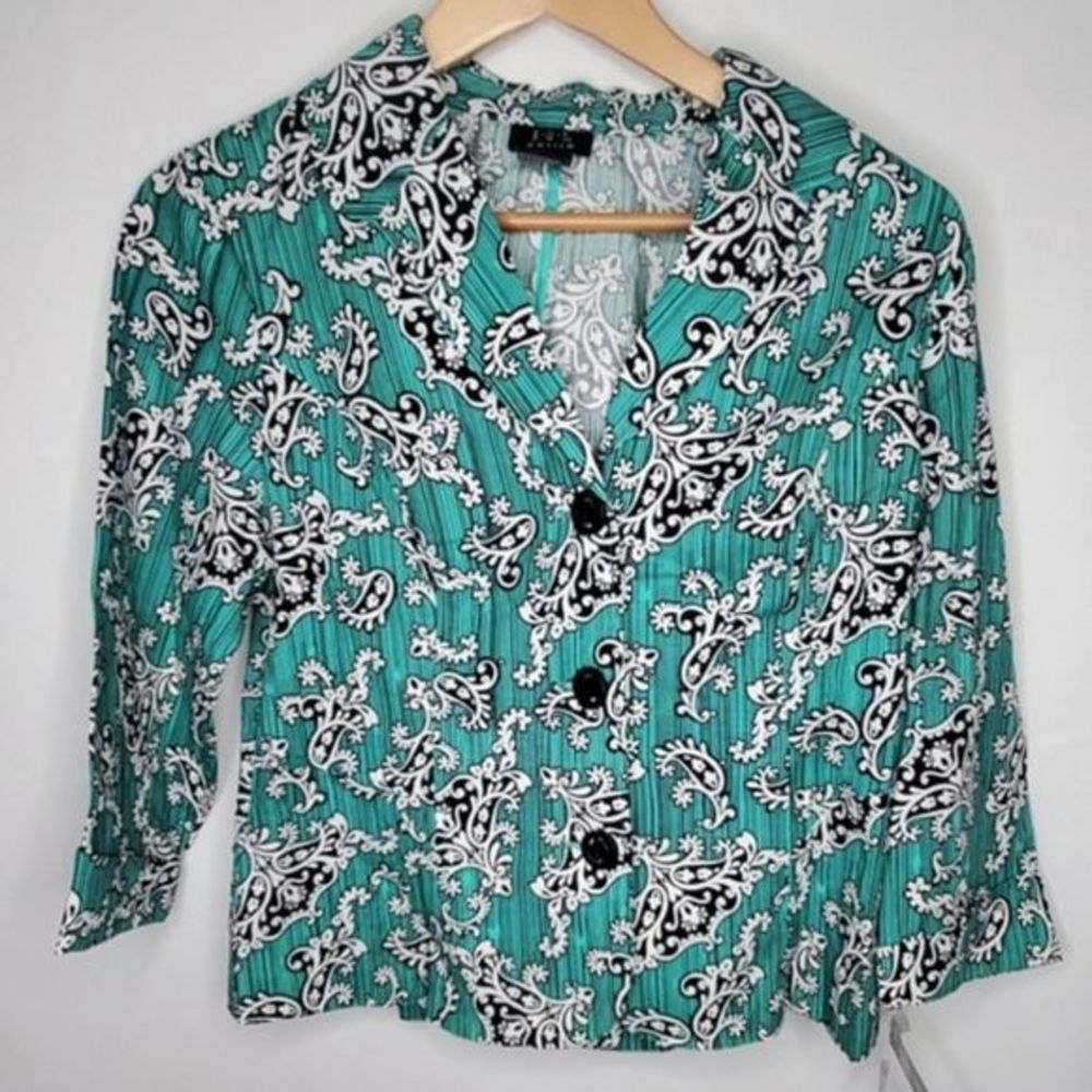RQT Petite Floral Paisley Long Sleeve Button Front Blouse Teal‎ PM